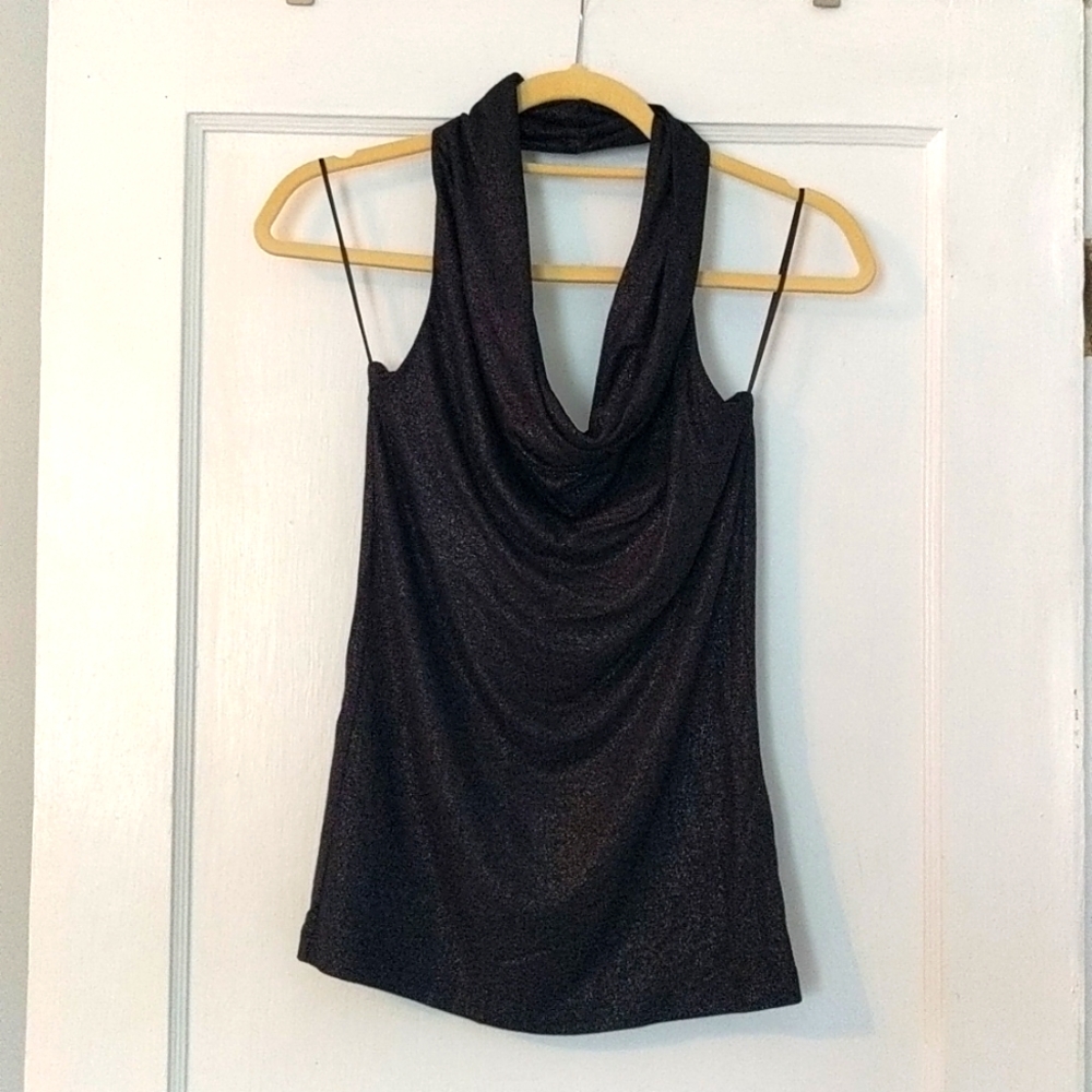 Black shimmer, halter/Cowell neck top. Brand: The Limited. Size: S